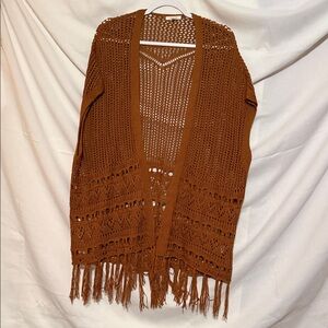 Maurices Rust Brown Open-Knit Cardigan with Fringe XL